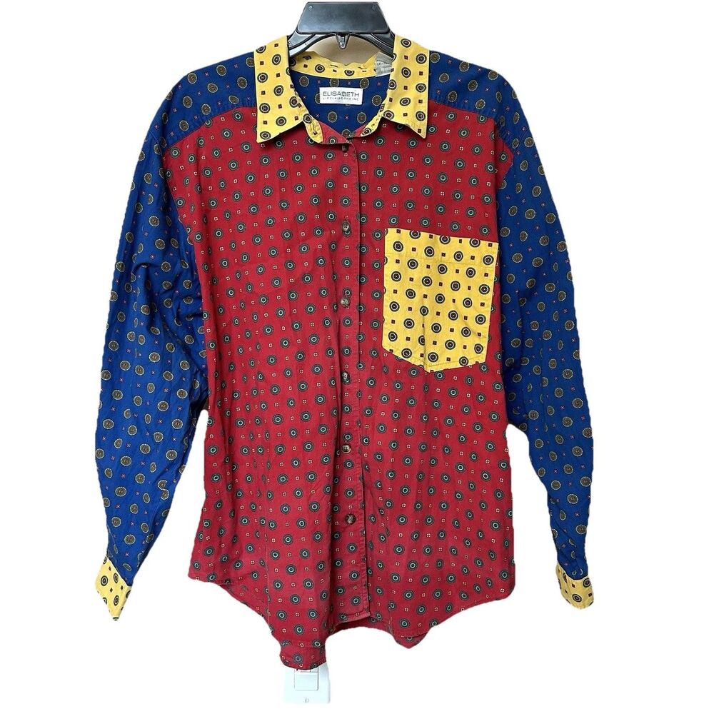 VTG Elisabeth Liz Claiborne Top Long Sleeve Button Up Patchwork Colorful Retro